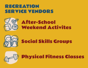 Recreation Service Vendors: After-school Weekend Activities; Social Skills Groups; Physical Fitness Classes