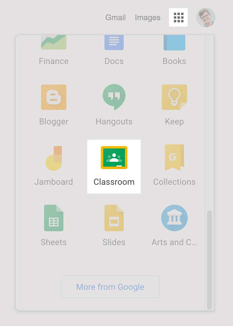 choose google classroom from waffle menu